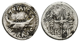Mark Antony, Patrae(?), Autumn 32-spring 31 BC. AR Denarius (17mm, 3.44g). Legionary issue. Galley r. R/ LEG XII, legionary aquila between two signa. ...