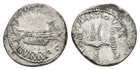 Mark Antony, Patrae(?), Autumn 32-spring 31 BC. AR Denarius (17mm, 3.44g). Legionary issue. Galley r. R/ [LEG…], legionary aquila between two signa. C...