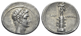 Octavian, Italian (Rome?) mint, Autumn 30-summer 29 BC. AR Denarius (20mm, 3.75g, 11h). Laureate head of Octavian, as Apollo, r. R/ Rostral column orn...