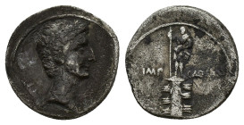 Octavian, Italian (Rome?) mint, Autumn 30-summer 29 BC. AR Denarius (17mm, 3.38g). Laureate head of Octavian, as Apollo, r. R/ Rostral column ornament...