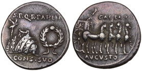 Augustus (27 BC-AD 14). AR Denarius (19mm, 3.63g). Uncertain Spanish mint (Colonia Patricia?), c. 18 BC. Aquila, toga picta over tunica palmata, and w...
