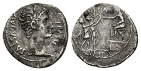 Augustus (27 BC-AD 14). AR Denarius (20mm, 3.36g). Lugdunum, 15 BC. Bare head r. R/ Augustus seated l. on curule chair set on daïs, extending hand tow...