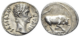 Augustus (27 BC-AD 14). AR Denarius (20mm, 3.75g, 6h). Lugdunum, 15 BC. Bare head r. R/ Bull butting r.; IMP•X in exergue. RIC I 167a; RSC 137. Banker...