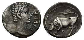 Augustus (27 BC-AD 14). AR Denarius (18mm, 3.81g). Lugdunum, 15 BC. Bare head r. R/ Bull butting l. RIC I 169; RSC 141. Near VF