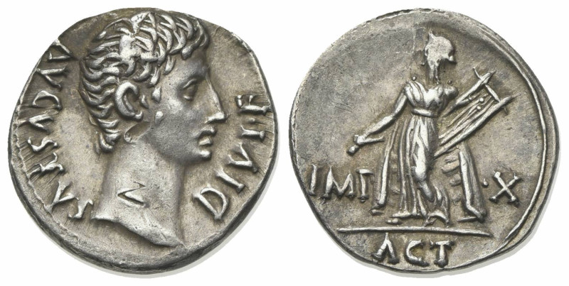 Augustus (27 BC-AD 14). AR Denarius (19mm, 3.77g, 6h). Lugdunum, 15 BC. Bare hea...