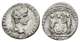 Augustus (27 BC-AD 14). AR Denarius (18mm, 3.42g). Lugdunum, 2 BC-AD 4. Laureate head r. R/ Caius and Lucius Caesars standing facing, holding shields ...