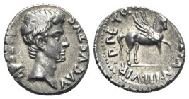 Augustus (27 BC-AD 14). AR Denarius (19mm, 3.80g, 9h). Rome mint; P. Petronius Turpilianus, moneyer, 19-18 BC. Bare head r. R/ Pegasus walking r. RIC ...