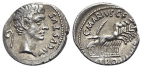 Augustus (27 BC-AD 14). AR Denarius (19mm, 3.92g, 6h). Rome. C. Marius C.f. Tro(mentina tribu), moneyer, 13 BC. Bare head r.; lituus to l. R/ Gallopin...