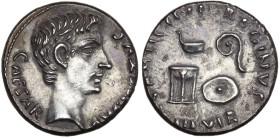 Augustus (27 BC-AD 14). AR Denarius (17mm, 3.86g). Rome; C. Antistius Reginus, moneyer, 13 BC. Bare head r. R/ Sacrificial implements: simpulum and li...