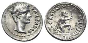 Augustus (27 BC-AD 14). AR Denarius (20.5mm, 3.97g, 11h). Rome; L. Caninius Gallus, moneyer, 12 BC. Bare head r. R/ German kneeling r. in attitude of ...