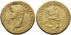 Nero Claudius Drusus (died 9 BC). Æ Sestertius (35mm, 31.03g, 6h). Rome, 42-3. Bare head l. R/ Claudius seated l. on curule chair, holding branch and ...