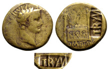 Tiberius (Caesar, AD 4-14). Æ As (25mm, 11.80g, 12h). Lugdunum, 13-4. Laureate head of Tiberius r. R/ Front elevation of the Altar of Lugdunum, decora...