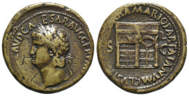 Nero (54-68). Æ Sestertius (34mm, 26.72g, 6h). Lugdunum, c. AD 65. Laureate head l., [globe at point of neck]. R/ Temple of Janus, with latticed windo...