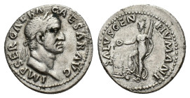 Galba (68-69). AR Denarius (19mm, 3.23g). Rome, c. July AD 68-January AD 69. Laureate head r. R/ Salus standing l., r. foot on globe, sacrificing from...