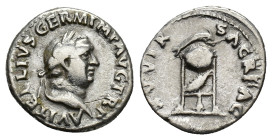 Vitellius (AD 69). AR Denarius (18mm, 3.18g). Rome, c. late April-20 December. Laureate head r. R/ Tripod-lebes surmounted by dolphin r.; below, raven...