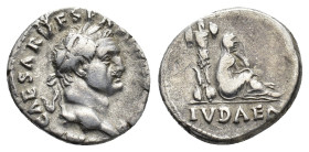 Vespasian (69-79). AR Denarius (17.5mm, 3.32g). “Judaea Capta” commemorative. Rome, 69-70. Laureate head r. R/ Trophy; to r., Judaea seated r. in atti...