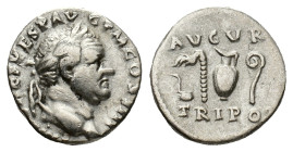 Vespasian (69-79). AR Denarius (16.5mm, 3.35g). Rome, 72-3. Laureate head r. R/ Simpulum, sprinkler, jug and lituus. RIC II 356; RSC 45. VF