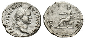 Vespasian (69-79). AR Denarius (20mm, 3.44g). Rome, AD 75. Laureate head r. R/ Pax seated l., holding branch. RIC II 772; RSC 366. VF