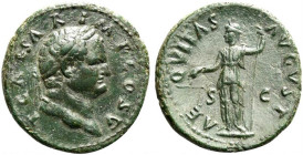Titus (Caesar, 69-79). Æ As (27mm, 9.23g, 6h). Rome, AD 76. Laureate head r. R/ Aequitas standing l., holding scales and pertica. RIC II 911 (Vespasia...