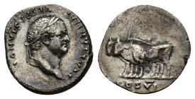 Titus (Caesar, 69-79). AR Denarius (18mm, 3.18g). Rome, 77-8. Laureate head r. R/ Yoke of oxen l. RIC II 951 (Vespasian); RSC 67. Near VF