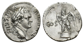 Titus (Caesar, 69-79). AR Denarius (19mm, 3.42g). Uncertain Asia Minor mint, AD 76. Laureate head r. R/ Eagle standing l. on altar, head r., with wing...