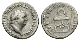 Titus (79-81). AR Denarius (18mm, 3.28g). Rome, AD 80. Laureate head r. R/ Wreath above curule chair. RIC II 108; RSC 318. VF