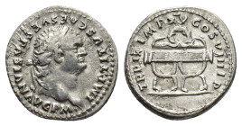 Titus (79-81). AR Denarius (18mm, 3.40g). Rome, AD 80. Laureate head r. R/ Wreath above curule chair. RIC II 108; RSC 318. VF