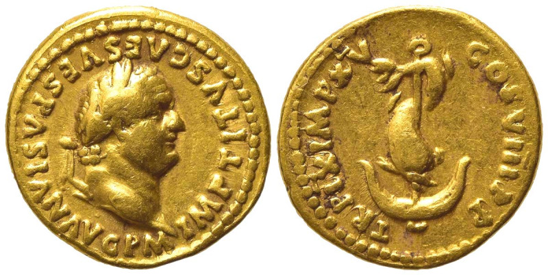 Titus (79-81). AV Aureus (19mm, 7.19g). Rome, AD 80. Laureate head r. R/ Dolphin...