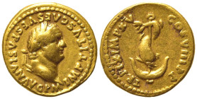 Titus (79-81). AV Aureus (19mm, 7.19g). Rome, AD 80. Laureate head r. R/ Dolphin coiled around anchor. RIC II 110; Calicó 779. VF