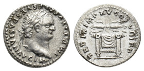 Titus (79-81). AR Denarius (18mm, 3.54g). Rome, 1 January-30 June 80. Laureate head r. R/ Pulvinar (throne) of Jupiter and Juno: square seat, draped a...