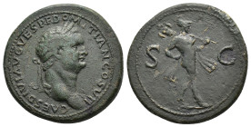 Domitian (Caesar, 69-81). Æ Sestertius (37mm, 26.06g). Eastern mint (Thrace?). Laureate head r. R/ Mars, helmeted, naked except for cloak over l. shou...