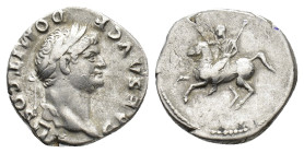 Domitian (Caesar, 69-81). AR Denarius (18mm, 3.31g). Rome, 73-5. Laureate head r. R/ Domitian on horseback, rearing l., raising hand and holding scept...