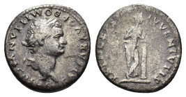 Domitian (Caesar, 69-81). AR Denarius (17mm, 3.10g). Rome, AD 79. Laureate head r. R/ Salus standing r., leaning on column, feeding snake from patera....