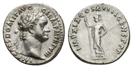 Domitian (81-96). AR Denarius (19mm, 3.38g). Rome, 88-9. Laureate head r. R/ Minerva standing l., holding spear. RIC II 670; RSC 252. Good VF