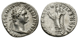 Domitian (81-96). AR Denarius (19mm, 3.42g). Rome, 91-2. Laureate head r. R/ Minerva standing l. with thunderbolt and spear, shield at her l. side. RI...