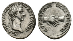 Nerva (96-98). AR Denarius (16.5mm, 3.34g). Rome, AD 97. Laureate head r. R/ Clasped r. hands. RIC II 14; RSC 20. Toned, VF