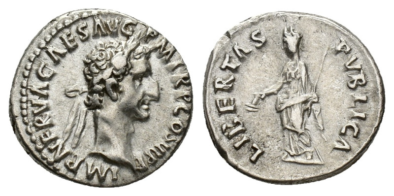 Nerva (96-98). AR Denarius (17mm, 3.37g). Rome, AD 97. Laureate head r. R/ Liber...
