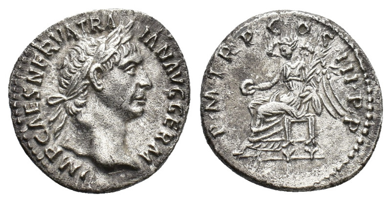 Trajan (98-117). AR Denarius (18mm, 3.50g). Rome, AD 100. Laureate head r. R/ Vi...