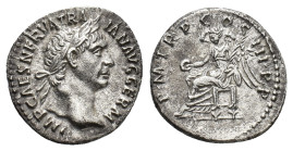 Trajan (98-117). AR Denarius (18mm, 3.50g). Rome, AD 100. Laureate head r. R/ Victory seated l., holding patera and palm frond. RIC II 41; Woytek 85a;...