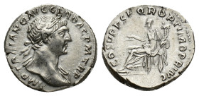 Trajan (98-117). AR Denarius (19mm, 3.34g). Rome, c. 108-9. Laureate bust r., slight drapery. R/ Aequitas seated l., holding scales and cornucopia. RI...