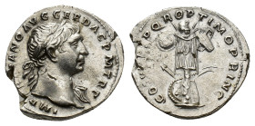 Trajan (98-117). AR Denarius (19mm, 3.26g). Rome, c. 107-8. Laureate bust r., slight drapery on l. shoulder. R/ Trophy on tree stump with one round sh...