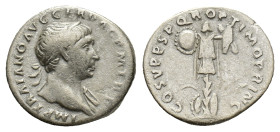 Trajan (98-117). AR Denarius (19mm, 3.30g). Rome, c. 107-8. Laureate bust r., slight drapery on l. shoulder. R/ Trophy on tree stump with one round sh...