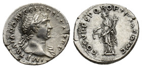 Trajan (98-117). AR Denarius (20mm, 3.24g). Rome, 108-9. Laureate bust r., drapery on l. shoulder. R/ Aequitas standing l., holding scales and cornuco...