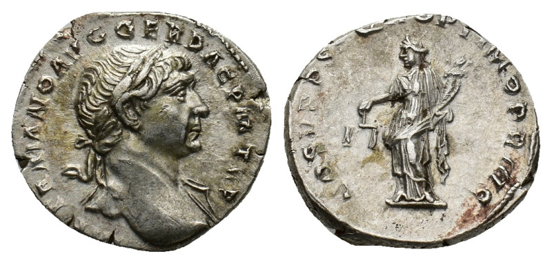 Trajan (98-117). AR Denarius (18mm, 3.42). Rome, 108-9. Laureate bust r., draper...