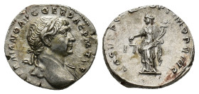 Trajan (98-117). AR Denarius (18mm, 3.42). Rome, 108-9. Laureate bust r., drapery on l. shoulder. R/ Aequitas standing l., holding scales and cornucop...