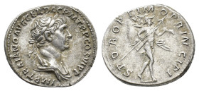 Trajan (98-117). AR Denarius (20mm, 3.26g). Rome, 114-6. Laureate and draped bust r. R/ Mars advancing r., holding transverse spear and trophy over sh...
