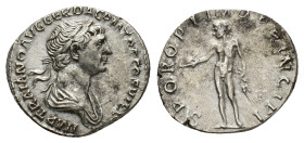 Trajan (98-117). AR Denarius (20mm, 3.46g). Rome, 113-4. Laureate and draped bust r. R/ Genius standing l., holding patera and grain ears. RIC II 275;...