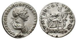 Trajan (98-117). AR Denarius (18mm, 3.46g). Rome, 114-6. Laureate and draped bust r. R/ Fortuna seated l., holding rudder and cornucopia. RIC II 318; ...