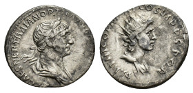 Trajan (98-117). AR Denarius (18mm, 2.84g). Rome, c. 116-7. Laureate and draped bust r. R/ Radiate and draped bust of Sol r. RIC II 329 var. (bust typ...