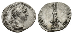 Trajan (98-117). AR Denarius (20mm, 3.36g). Rome, 114-5. Laureate and draped bust r. R/ Trajan's Column: column surmounted by statue of Trajan standin...